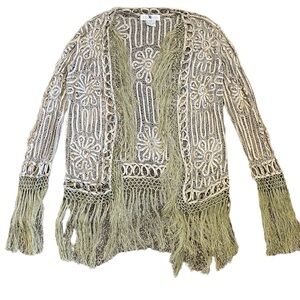 SUE WONG Silk Boho Floral Fringe Crochet Top
